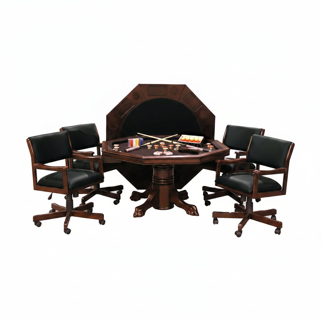 3-In1 Combination Game & Dining Table Set with 4 Rocker-Swivel Chairs- (Mahogany Finish)