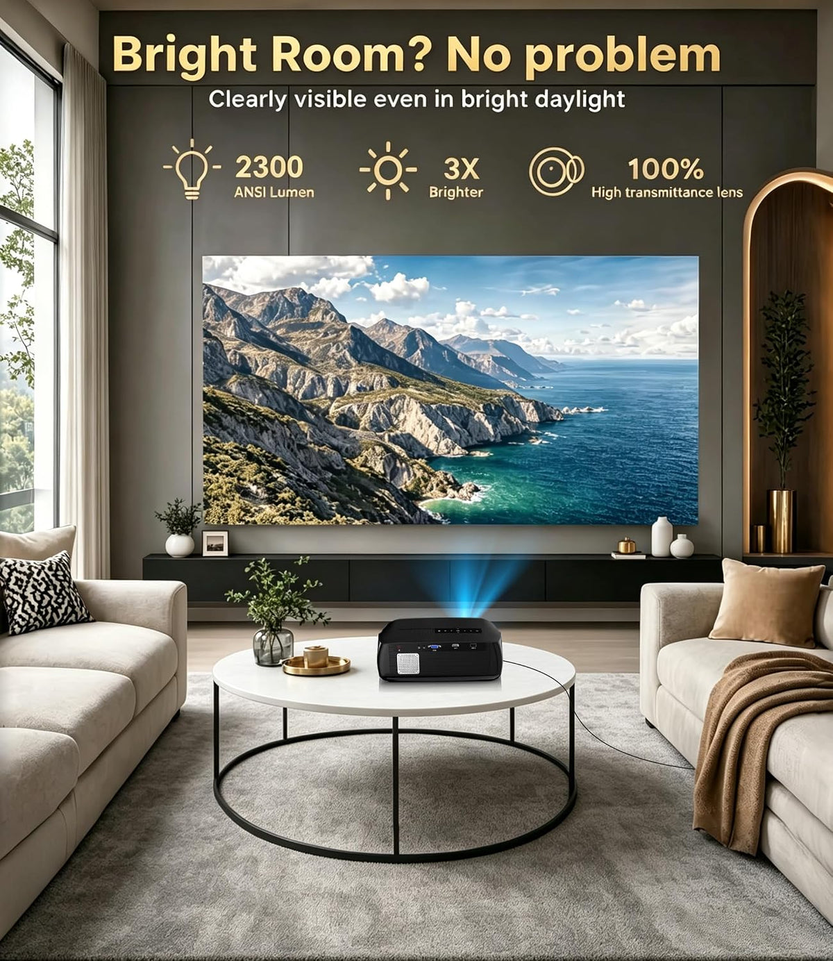 Daytime 4K Projector with Google TV, 2300 ANSI Lumens, HDR10, 38W Dolby Audio, Bright Picture for Home Theater & Outdoor Movie Night, Tof Autofocus, Nfc/Voice Control, HDMI ARC, Wifi 6 Bluetooth