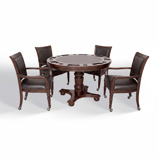 Bridgeport 2 in 1 round Poker Table and Chairs Set for Dining & Game Rooms – Furniture Grade Hardwood, Sturdy Pedestal Legs, Drink Holders, Chip Slots – Includes 4 Poker Table Chairs - Walnut